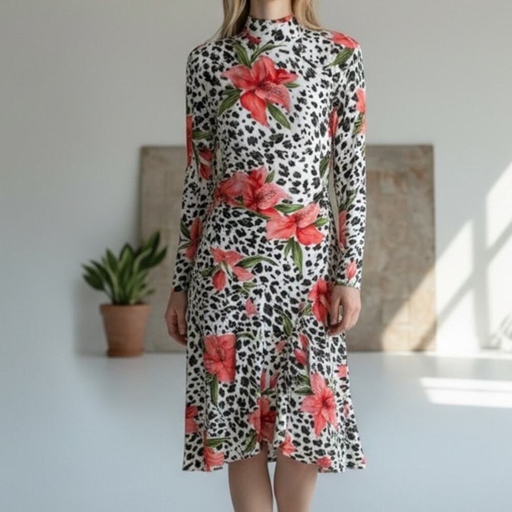 Floral Leopard Print Long Sleeve Midi Dress - White with Coral Flowers